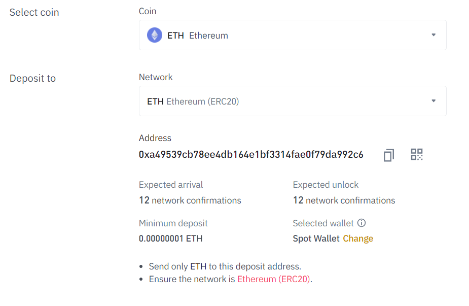 Deposit ETH to Binance wallet